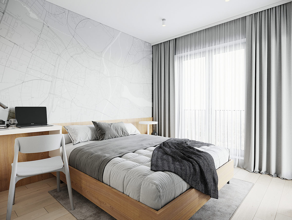 Rèm cửa màu xám cao kịch trần tạo cảm giác khung cửa sổ như rộng lớn hơn. Sắc xám mang đến vẻ thanh lịch, tinh tế cho không gian phòng ngủ.
