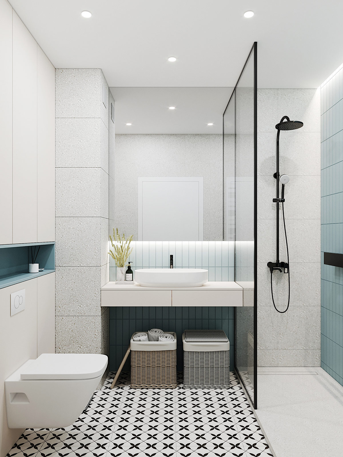 Giỏ đựng quần áo bằng mây hình vuông tận dụng không gian trống bên dưới bàn trang điểm nổi trong phòng tắm.