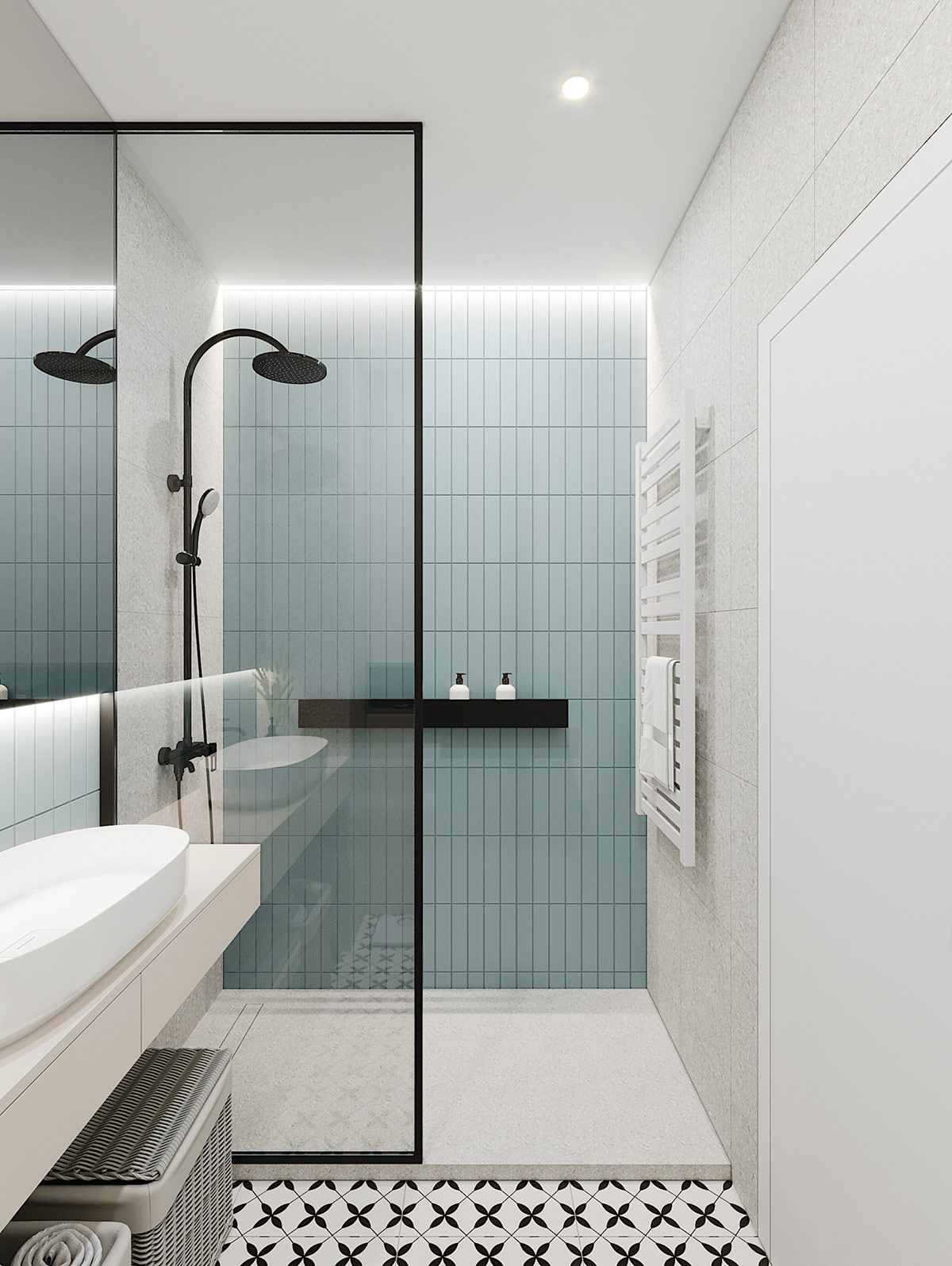 Đèn LED làm nổi bật bức tường ốp gạch màu xanh lam trong buồng tắm kính.