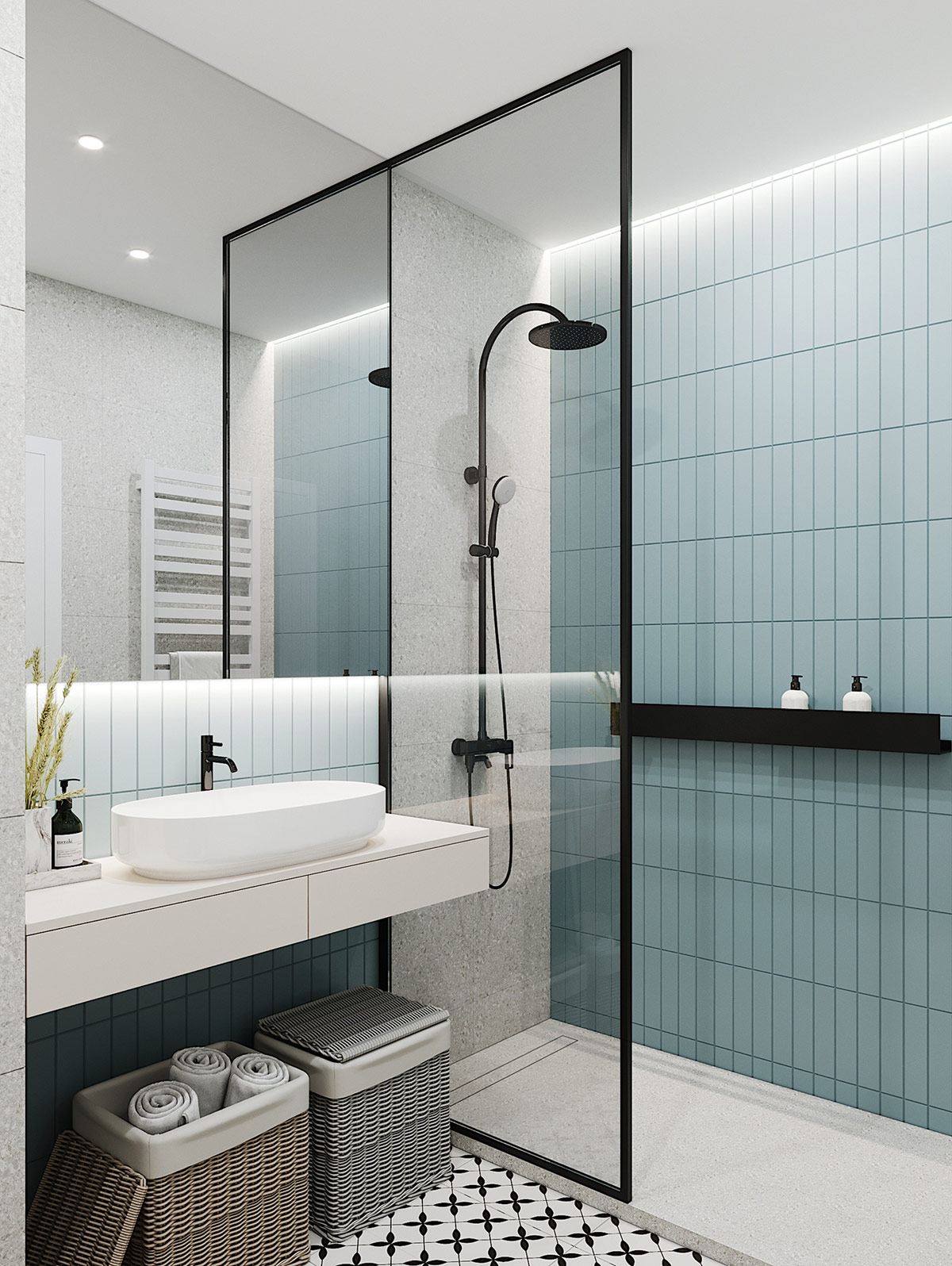 Đồ đạc và phụ kiện màu đen giúp cân bằng bảng màu trong nhà tắm.