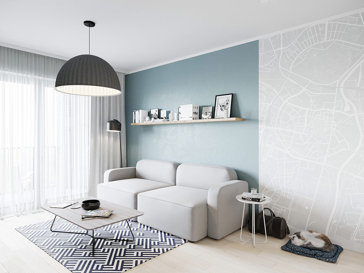 toàn cảnh phòng khách với sofa trắng, bàn cà phê chữ nhật khung kim loại, đèn sàn và đèn thả màu đen