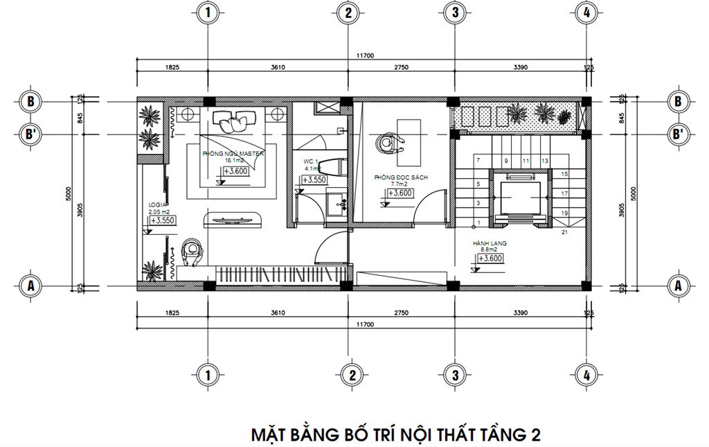  Mặt bằng bố tr&iacute; nội thất tầng 2 nh&agrave; phố gồm ph&ograve;ng ngủ master, ph&ograve;ng đọc s&aacute;ch, nh&agrave; vệ sinh