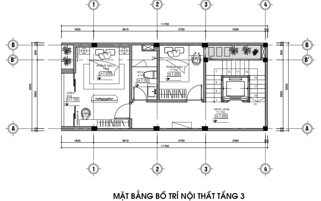 mặt bằng bố tr&iacute; nội thất tầng 3 nh&agrave; phố