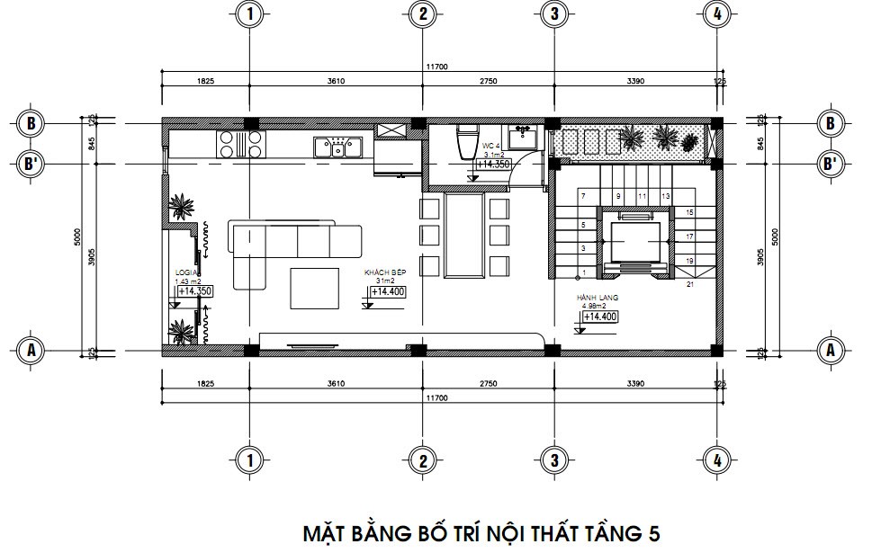 mặt bằng bố tr&iacute; nội thất tầng 5 nh&agrave; phố