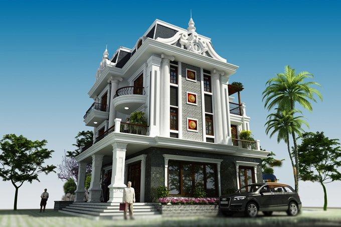 Phối cảnh 3D mẫu biệt thự 3 tầng phong c&aacute;ch t&acirc;n cổ điển