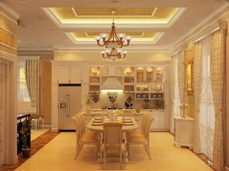 Kh&ocirc;ng gian bếp nấu v&agrave; ph&ograve;ng ăn ấm c&uacute;ng với bộ b&agrave;n ghế kiểu d&aacute;ng sang trọng, đ&egrave;n ch&ugrave;m cổ điển, r&egrave;m cửa hai lớp tạo cảm gi&aacute;c l&atilde;ng mạn.
