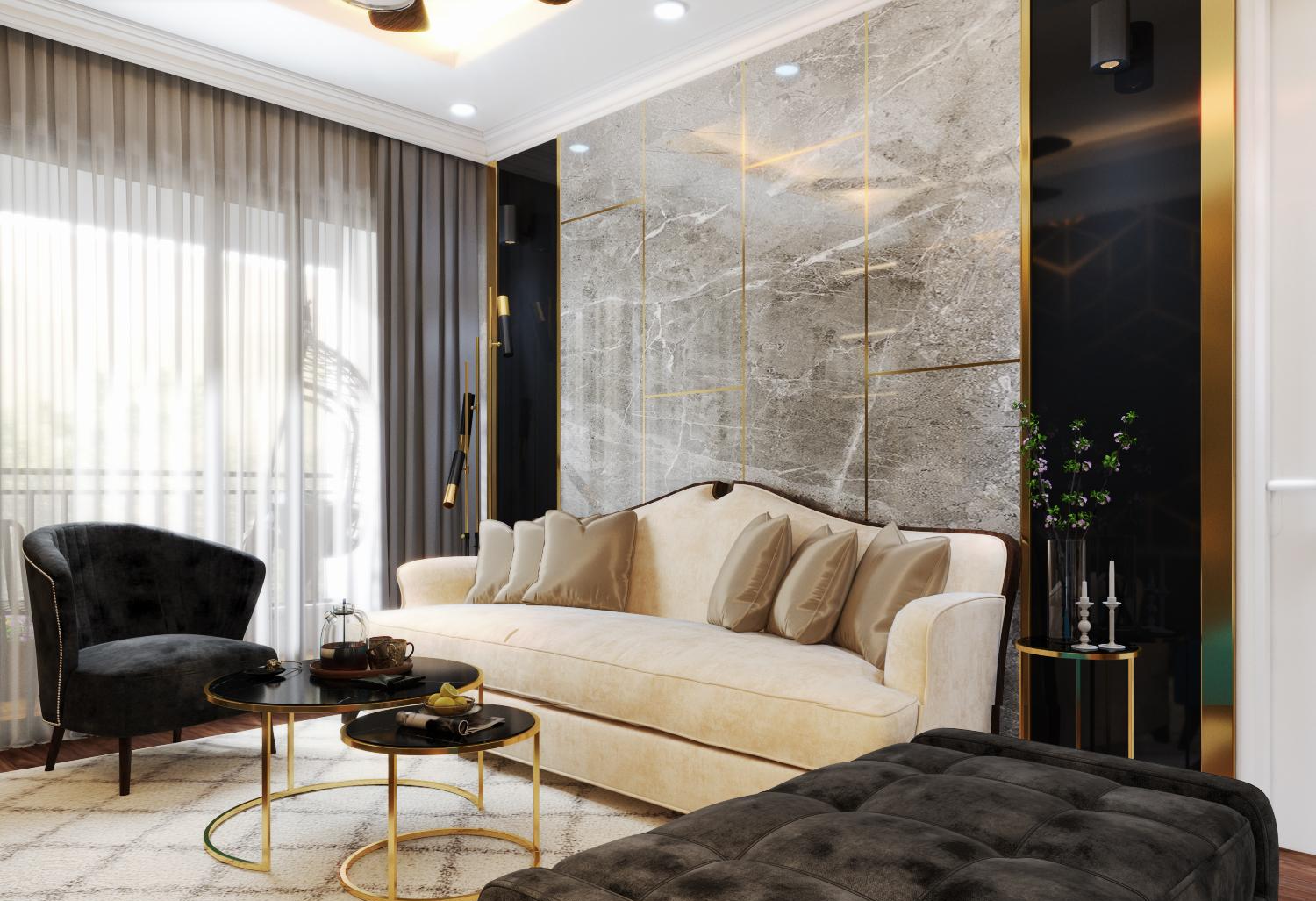 ph&ograve;ng kh&aacute;ch căn hộ cao cấp với sofa trắng cổ điển, ghế b&agrave;nh m&agrave;u x&aacute;m, sofa giường chần b&ocirc;ng