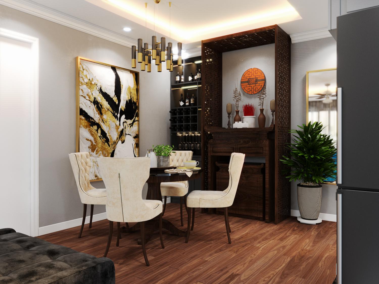 Mẫu thiết kế ph&ograve;ng ăn phong c&aacute;ch t&acirc;n cổ điển trang trọng, thanh lịch.