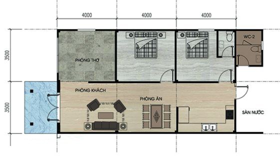 Mặt bằng bố tr&iacute; nội thất nh&agrave; cấp 4 m&aacute;i Th&aacute;i
