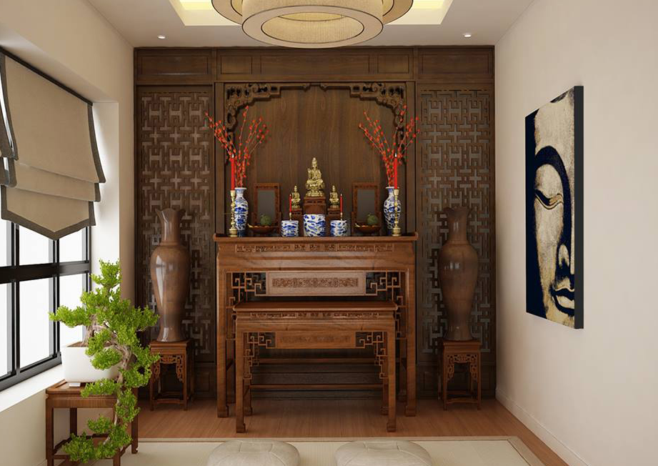Ph&ograve;ng thờ nghi&ecirc;m trang, tho&aacute;ng s&aacute;ng với nội thất gỗ chạm khắc tinh xảo.