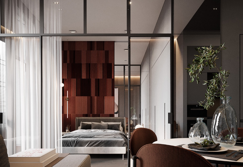Tường đầu giường được decor với bảng màu nâu đất ấm áp tạo cảm giác thư thái, ​ dễ chịu cho người dùng.