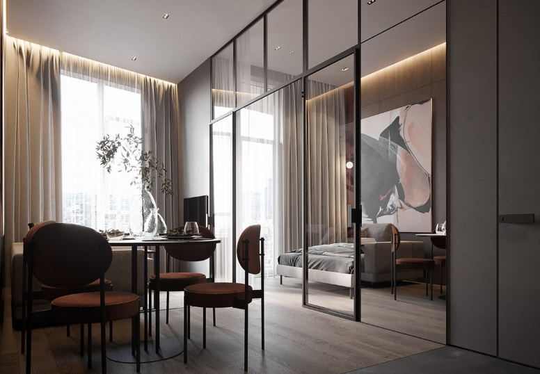 phòng ăn căn hộ 44m2 với ghế ngồi màu đỏ, bàn đen