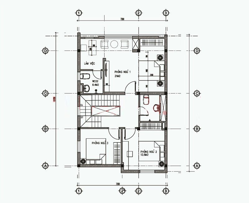 Mặt bằng bố trí nội thất tầng 2 nhà ống