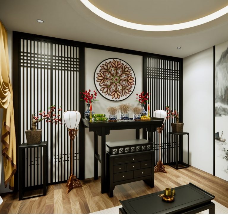 phòng thờ trang nghiêm với nội thất gỗ màu đen cá tính