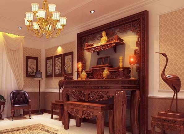 Phòng thờ ấn tượng với ban thờ gỗ bề thế, chạm trổ cầu kỳ, tinh xảo.