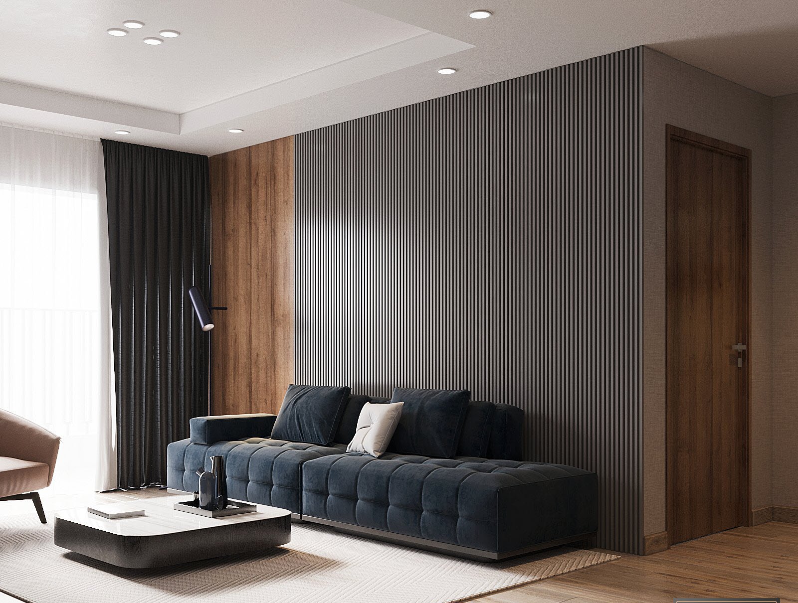  Tựa lưng v&agrave;o v&aacute;ch nan thẳng đứng l&agrave; khối sofa nỉ d&agrave;i chạy dọc ph&ograve;ng kh&aacute;ch. B&agrave;n tr&agrave; bo cong cong tựa như thiết bị của Apple đời mới nhất.