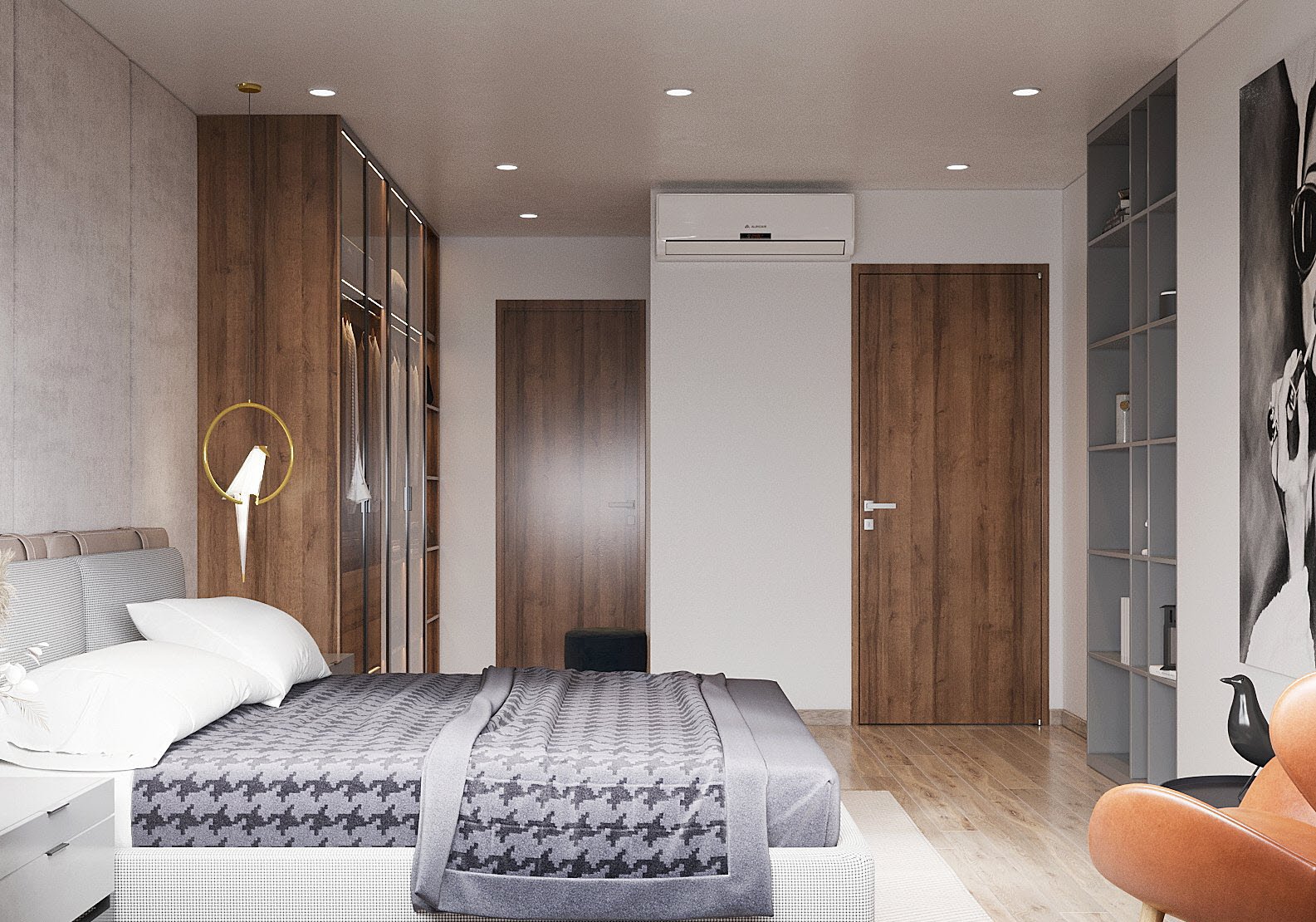 ph&ograve;ng ngủ với sự phối kết giữa 3 t&ocirc;ng m&agrave;u chủ đạo trắng - x&aacute;m - n&acirc;u gỗ mang đến bầu kh&ocirc;ng kh&iacute; thư gi&atilde;n, dễ chịu cho người ngủ trong ph&ograve;ng.