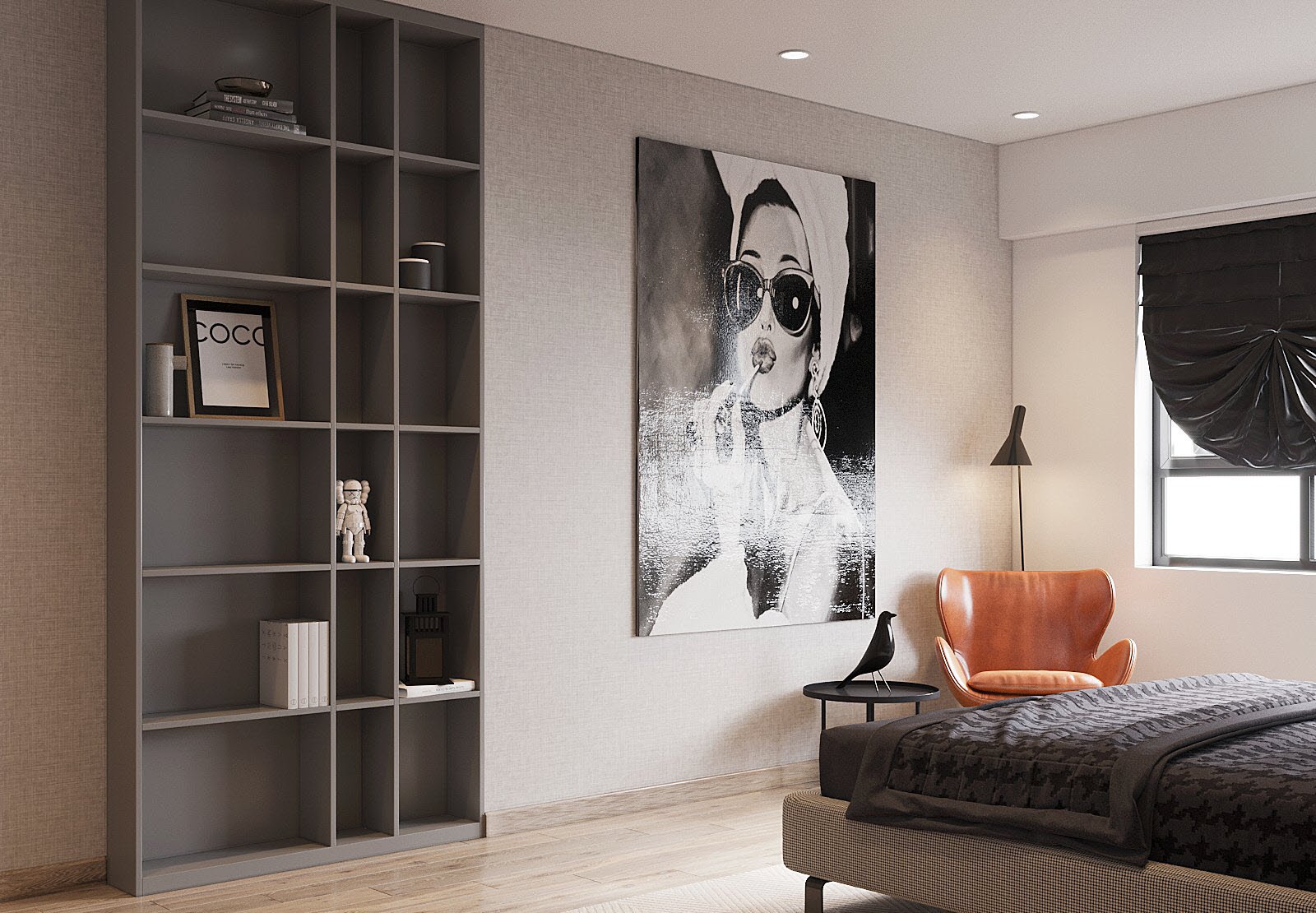 G&oacute;c đọc s&aacute;ch cạnh cửa sổ với ghế b&agrave;nh m&agrave;u cam đất ấm &aacute;p, b&agrave;n tr&agrave; nhỏ hiện đại. Một điểm nhấn đắt gi&aacute; của ph&ograve;ng ngủ l&agrave; tranh tường đen trắng ấn tượng.