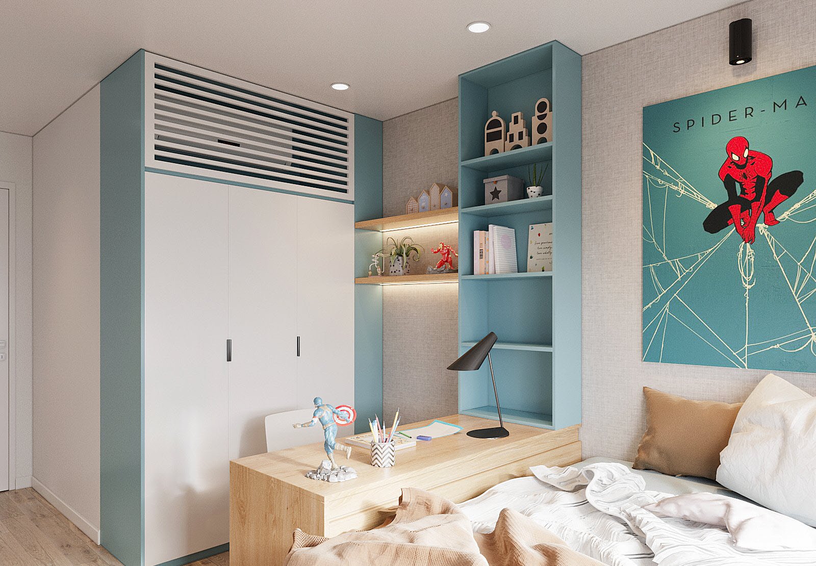 g&oacute;c ph&ograve;ng ngủ của b&eacute; với giường cạnh b&agrave;n học v&agrave; gi&aacute; s&aacute;ch th&agrave;nh một khối thống nhất tiện lợi cho sinh hoạt h&agrave;ng ng&agrave;y