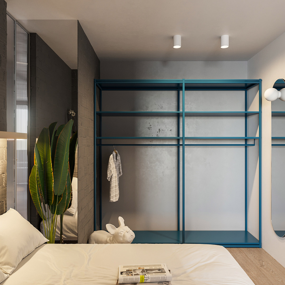 Thiết kế tủ quần &aacute;o mở đầy m&agrave;u sắc trong ph&ograve;ng ngủ v&agrave; một chiếc gương treo tường h&igrave;nh elip kh&aacute;c phục vụ khu vực thay đồ.