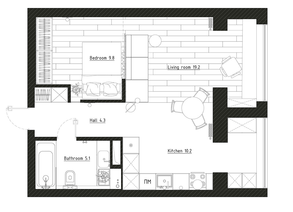 Mặt bằng bố tr&iacute; nội thất căn hộ 50m2