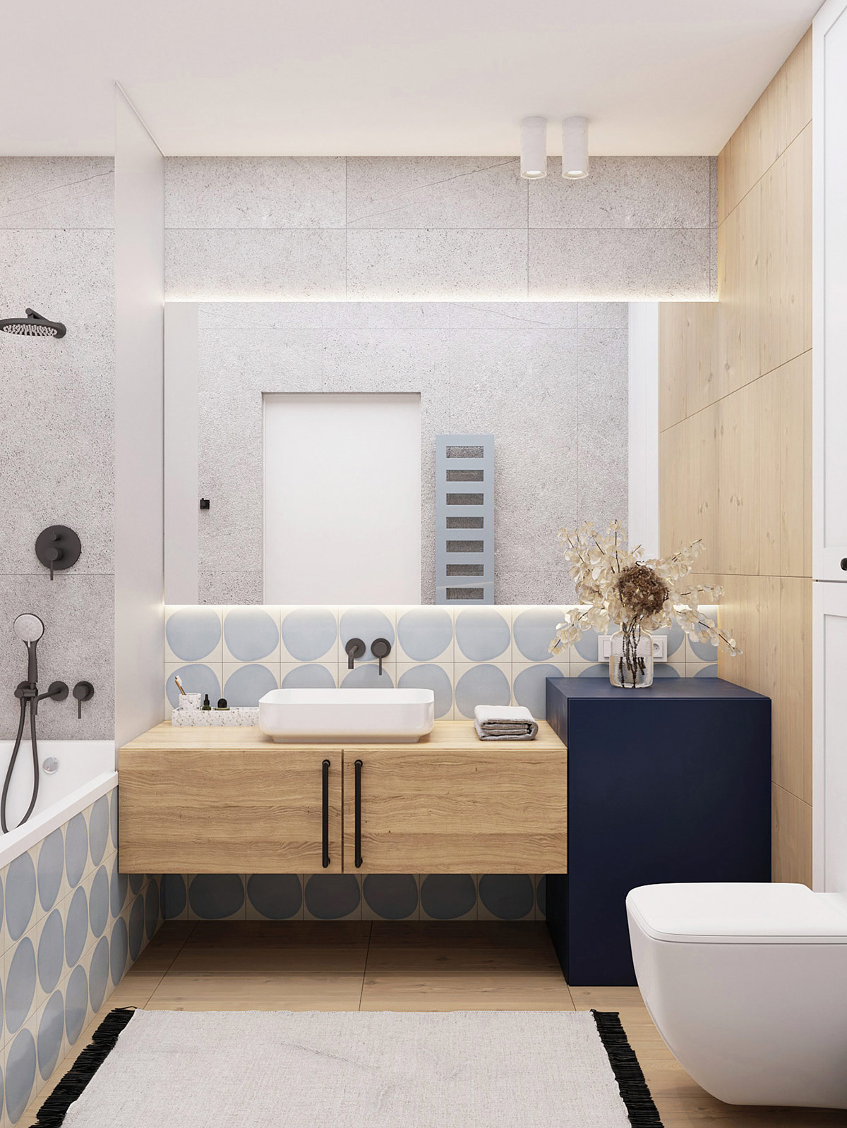 Bệ bồn rửa bồn rửa mặt ph&ograve;ng tắm t&ocirc;ng m&agrave;u gỗ ấm &aacute;p, h&agrave;i h&ograve;a với khối điểm nhấn m&agrave;u xanh đậm b&ecirc;n cạnh.