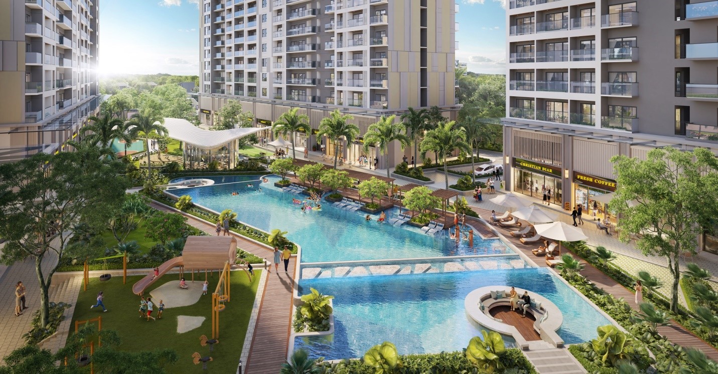 H&igrave;nh ảnh bể bơi nằm giữa c&aacute;c t&ograve;a nh&agrave; chung cư