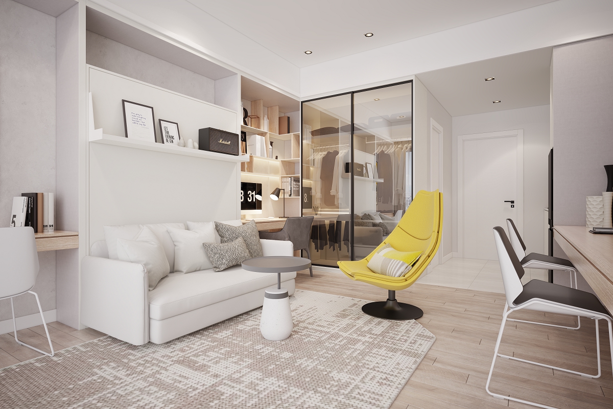 Ph&ograve;ng kh&aacute;ch c&oacute; tủ kệ, sofa trắng, ghế rời m&agrave;u v&agrave;ng