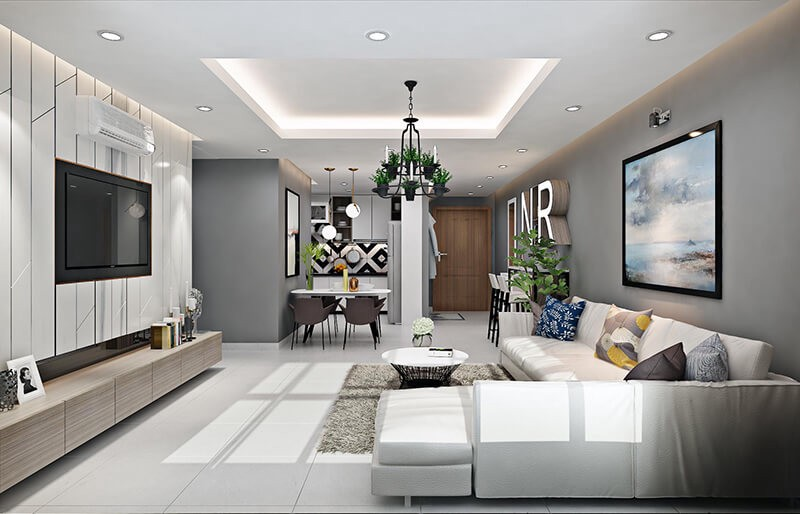 Mẫu thiết kế nội thất ph&ograve;ng kh&aacute;ch phong c&aacute;ch hiện đại, trẻ trung.