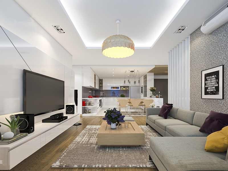 mẫu ph&ograve;ng kh&aacute;ch đẹp với sofa m&agrave;u x&aacute;m