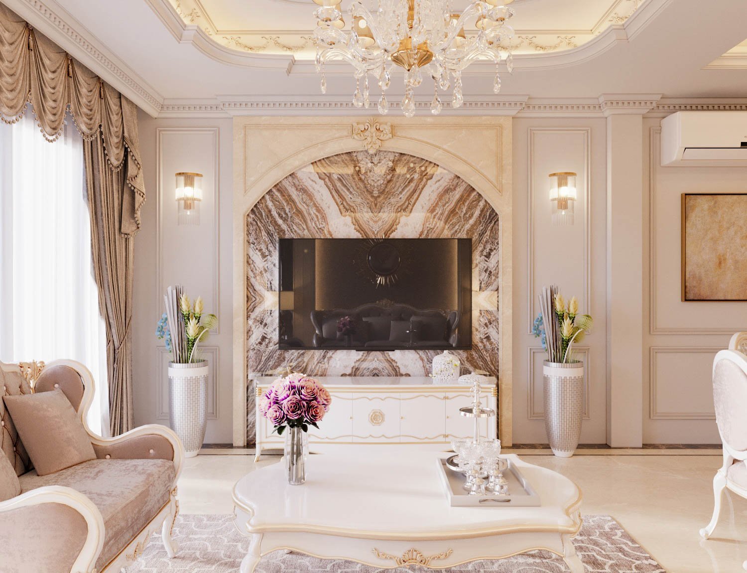 h&igrave;nh ảnh g&oacute;c ph&ograve;ng kh&aacute;ch phong c&aacute;ch t&acirc;n cổ điển với b&agrave;n ghế sofa m&agrave;u kem, r&egrave;m cửa cổ điển m&agrave;u be, tivi gắn tường