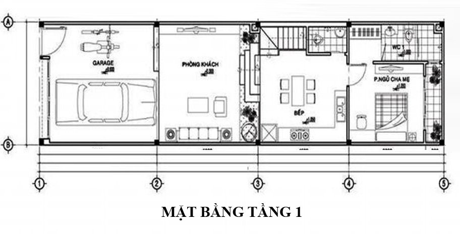 Mặt bằng bố trí nội thất tầng 1 nhà ống mái Thái