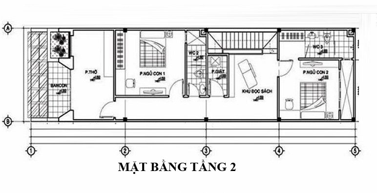 Mặt bằng bố trí nội thất tầng 2 nhà ống mái Thái