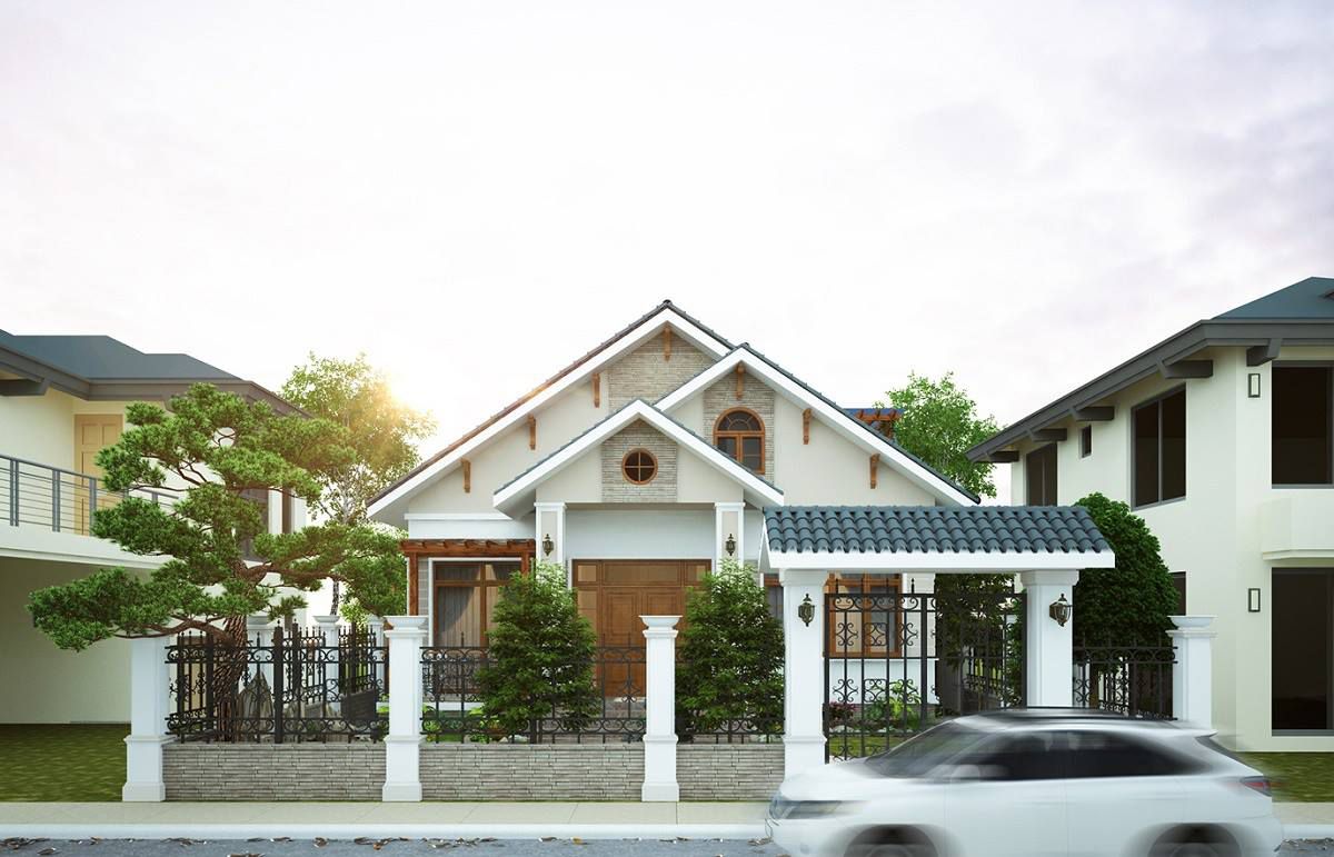 Phối cảnh 3D mẫu nh&agrave; vườn 1 tầng c&oacute; g&aacute;c lửng phong c&aacute;ch m&aacute;i Th&aacute;i