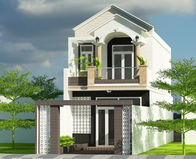 Phối cảnh 3D mẫu nhà ống 2 tầng mái Thái hiện đại