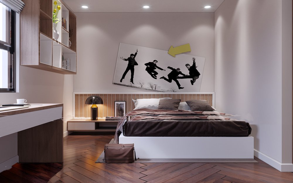 Ảnh khổ lớn t&ocirc;ng m&agrave;u đen - trắng đầu giường xua tan vẻ đơn điệu của bức tường m&agrave;u trắng thuần khiết v&agrave; h&agrave;i h&ograve;a với tổng thể chung của ph&ograve;ng ngủ con trai.