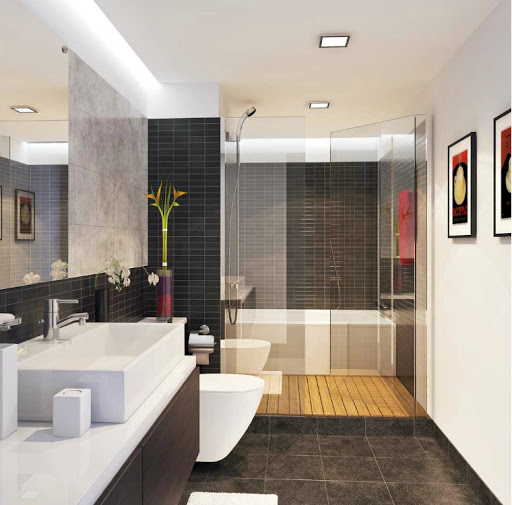 Ph&ograve;ng tắm trong nh&agrave; vườn 1 tầng c&oacute; g&aacute;c lửng được thiết kế theo phong c&aacute;ch hiện đại, tối giản nhưng vẫn rất sang trọng, đẹp mắt.
