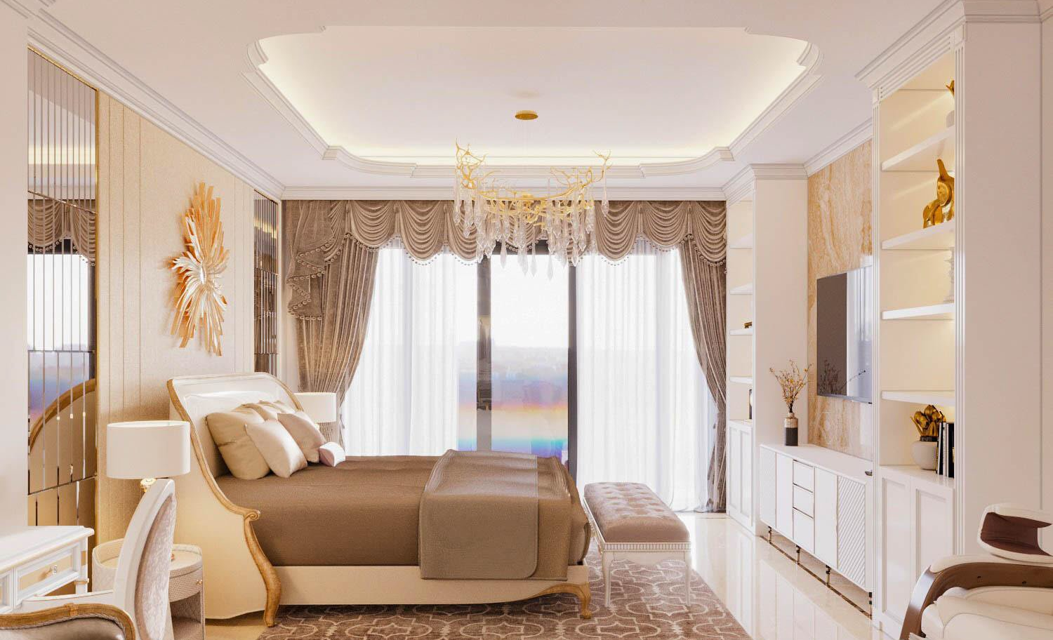 ph&ograve;ng ngủ t&acirc;n cổ điển với cửa sổ lớn, r&egrave;m cửa m&agrave;u be, đ&egrave;n ch&ugrave;m v&agrave; họa tiết mặt trời trang tr&iacute; đầu giường