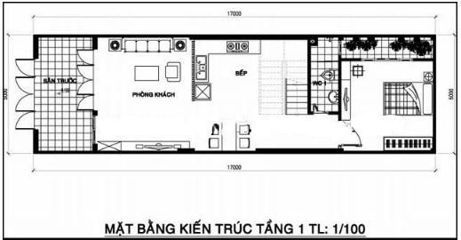 Mặt bằng thiết kế tầng 1 nh&agrave; phố 2 tầng 1 tum