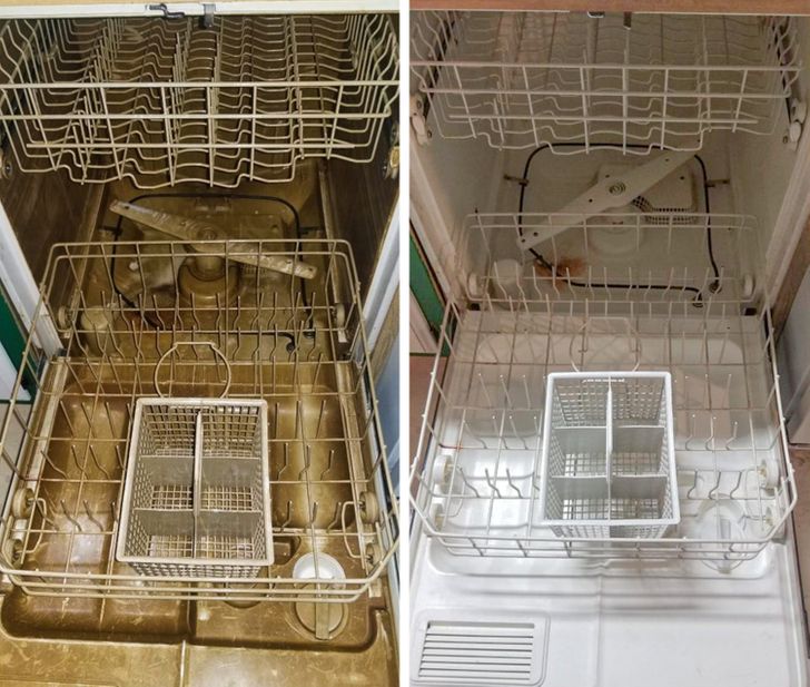 hình ảnh bên trong máy rửa bát trước và sau khi dùng chất tẩy rỉ sét chuyên dụng
