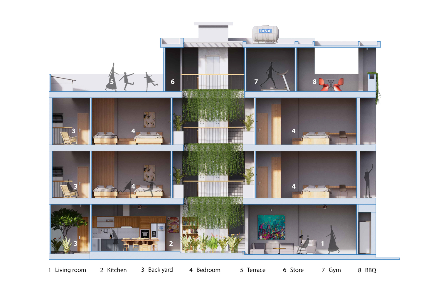 Mặt cắt kh&ocirc;ng gian nội thất nh&agrave; phố 4 tầng