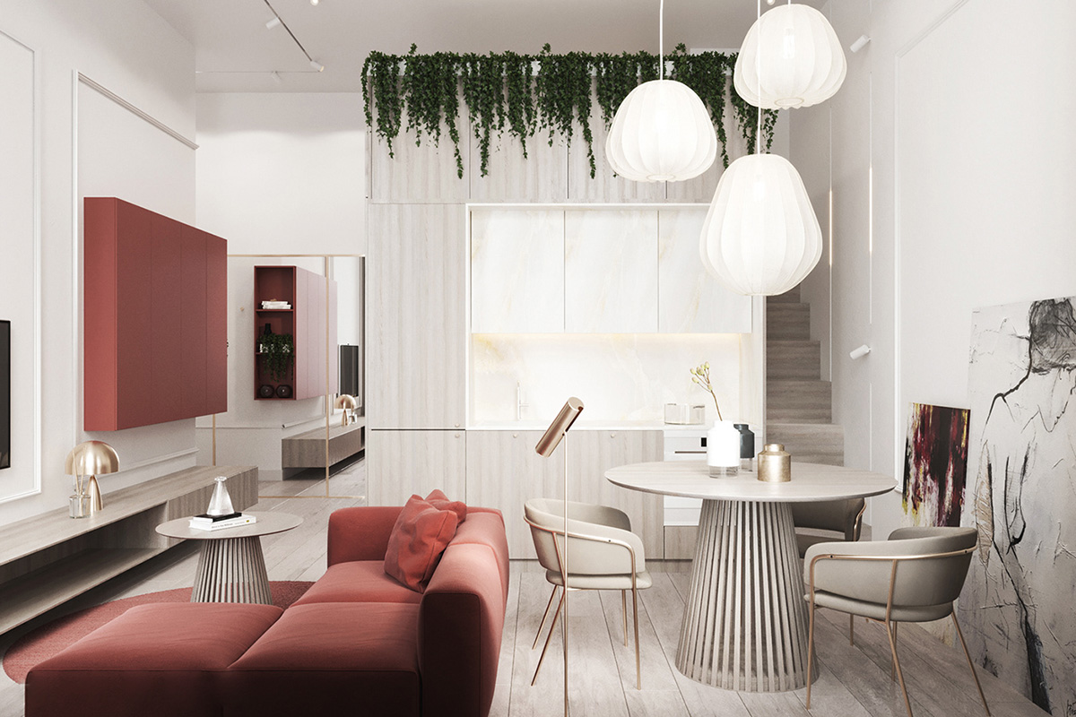 to&agrave;n cảnh ph&ograve;ng kh&aacute;ch, ph&ograve;ng ăn trong căn hộ với sofa m&agrave;u đỏ, tủ tưởng m&agrave;u đỏ, b&agrave;n tr&agrave; v&agrave; b&agrave;n ăn h&igrave;nh tr&ograve;n, c&acirc;y xanh bu&ocirc;ng rũ