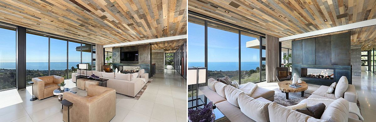hình ảnh phòng khách rộng rãi với trần ốp gỗ, sofa trắng, ghế bành màu be, lò sưởi kim loại, tivi lắp âm tường