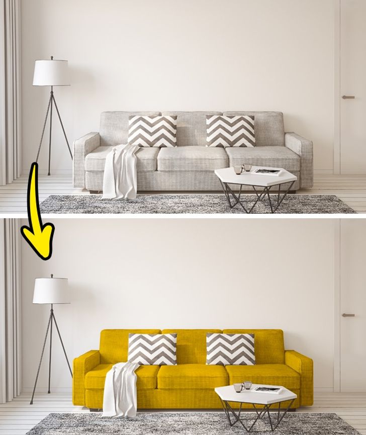 h&igrave;nh ảnh ph&ograve;ng kh&aacute;ch m&agrave;u trắng x&aacute;m kh&ocirc;ng c&oacute; điểm nhấn v&agrave; ph&ograve;ng kh&aacute;ch c&oacute; điểm nhấn l&agrave; ghế sofa m&agrave;u v&agrave;ng chanh tươi s&aacute;ng