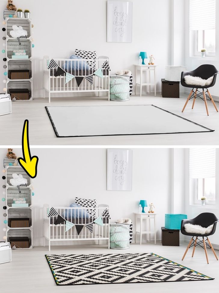 h&igrave;nh ảnh ph&ograve;ng kh&aacute;ch hiện đại thiếu điểm nhấn với ph&ograve;ng kh&aacute;ch c&oacute; điểm nhấn l&agrave; thảm trải s&agrave;n họa tiết h&igrave;nh học ấn tượng