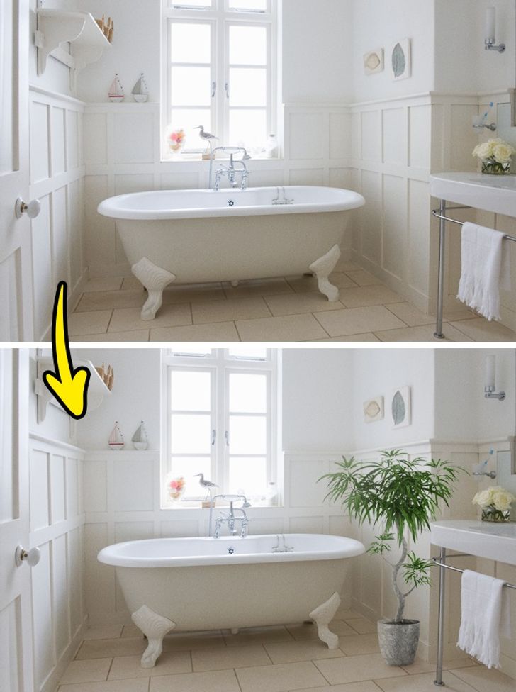 h&igrave;nh ảnh ph&ograve;ng tắm trước v&agrave; sau khi sử dụng c&acirc;y xanh l&agrave;m điểm nhấn trang tr&iacute;