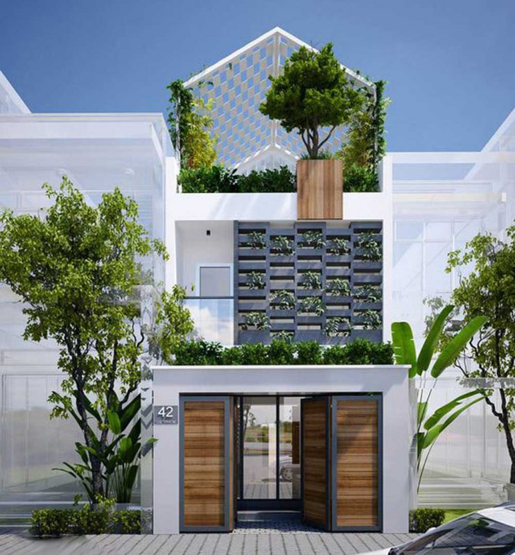 Mẫu mặt tiền nhà phố 2 tầng sử dụng tường gạch bông gió Mẫu mặt tiền nhà phố 2 tầng sử dụng tường gạch bông gió