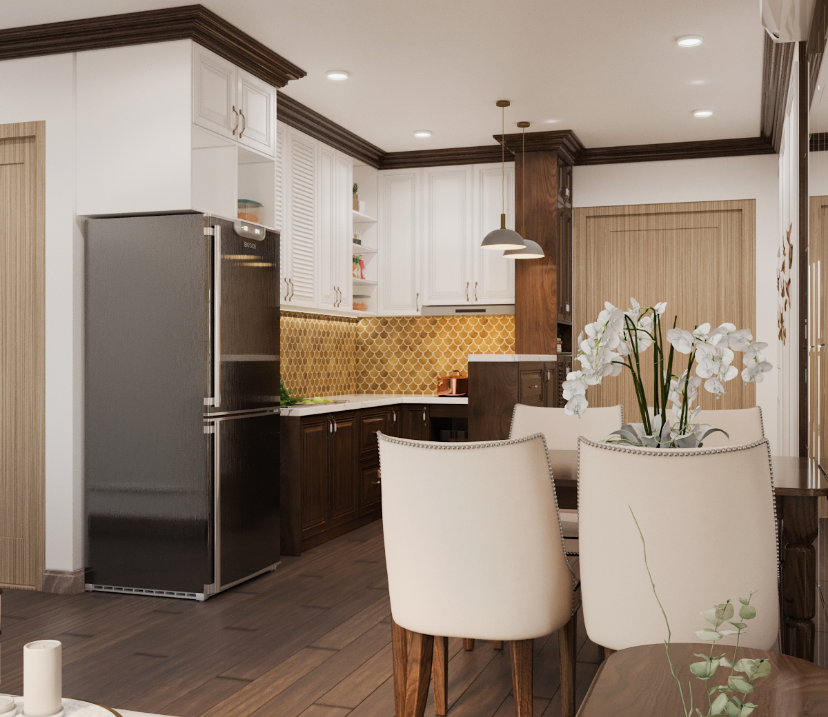 Khu bếp nấu với tường chắn ốp gạch họa tiết vảy cá màu vàng cùng tông với tranh tường phòng khách tạo sự kết nối liên mạch giữa các khu vực chức năng trong căn hộ.