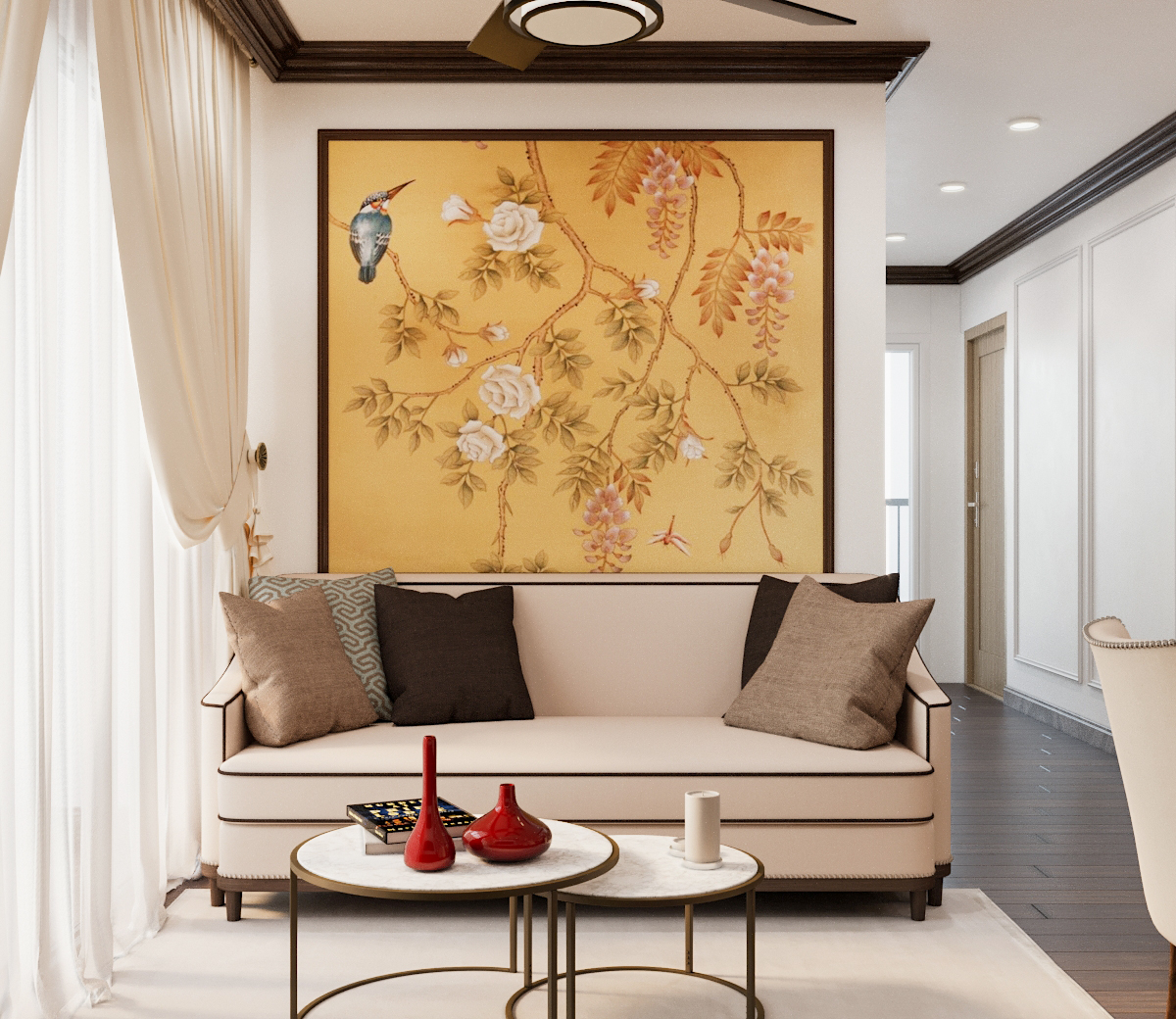 phòng khách căn hộ phong cách Indochine với bàn trà đôi, sofa xám, cửa sổ kính, rèm cửa hai lớp, tranh tường màu vàng lớn họa tiết hoa hồng trắng, chim muông