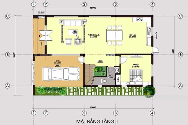 Mặt bằng bố trí nội thất tầng 1 biệt thự hiện đại